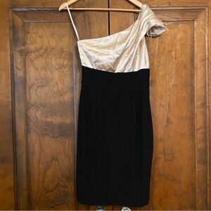 London Times Black and Cream One-Shoulder Dress
